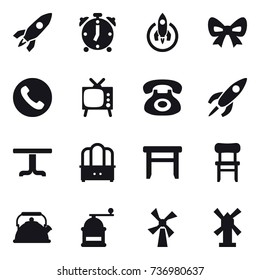 16 vector icon set : rocket, alarm clock, bow, phone, tv, table, dresser, stool, chair, kettle, hand mill, windmill