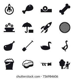 16 vector icon set : rocket, chicken leg, flower bed, shovel, goose, foam bucket, sponge with foam, drying clothe, garden cleaning