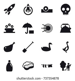 16 vector icon set : rocket, flower bed, kettle, shovel, goose, cleanser, sponge with foam, drying clothe, garden cleaning