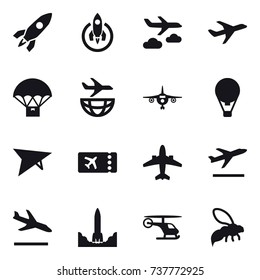 16 vector icon set : rocket, journey, plane, air ballon, deltaplane, ticket, airplane, departure, arrival, wasp
