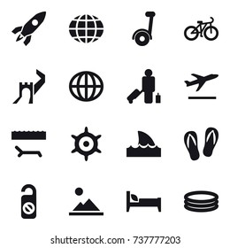 16 vector icon set : rocket, globe, segway, bike, greate wall, passenger, departure, lounger, handwheel, shark flipper, flip-flops, do not distrub, landscape, bed, inflatable pool