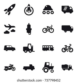 16 vector icon set : rocket, lunar rover, delivery, journey, spark plug, bike, bus, motorcycle, pickup, tractor, sweeper