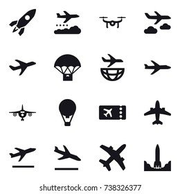 16 vector icon set : rocket, weather management, drone, journey, plane, air ballon, ticket, airplane, departure, arrival