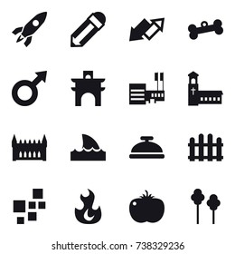 16 vector icon set : rocket, pencil, up down arrow, bone, arch, mall, church, gothic architecture, shark flipper, service bell, fence, trees