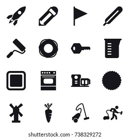 16 vector icon set : rocket, pencil, flag, repair, lifebuoy, key, measuring cup, cutting board, windmill, carrot, vacuum cleaner