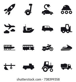 16 vector icon set : rocket, segway, electric car, lunar rover, journey, train, bus, motorcycle, jet ski, plow, pickup, tractor, sweeper