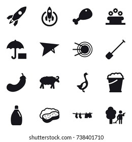 16 vector icon set : rocket, chicken leg, flower bed, deltaplane, shovel, eggplant, sheep, goose, foam bucket, cleanser, sponge with foam, drying clothe, garden cleaning
