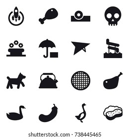 16 vector icon set : rocket, chicken leg, flower bed, deltaplane, aquapark, dog, kettle, goose, eggplant, sponge with foam