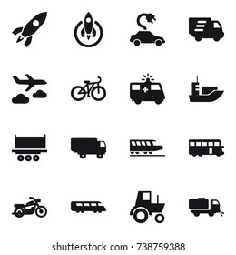 16 vector icon set : rocket, electric car, delivery, journey, bike, train, bus, motorcycle, tractor, sweeper