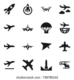 16 vector icon set : rocket, drone, journey, plane, deltaplane, airplane, departure