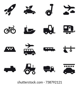 16 vector icon set : rocket, eco car, segway, journey, bike, trailer, taxi, transfer, plow, pickup, tractor, sweeper, car wash