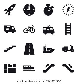 16 vector icon set : rocket, clock, stopwatch, lightning, delivery, bike, stairs, train, escalator