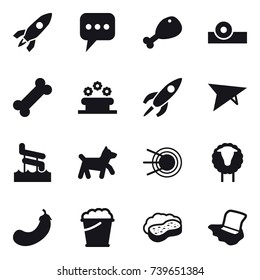 16 vector icon set : rocket, message, chicken leg, flower bed, deltaplane, aquapark, dog, sheep, eggplant, foam bucket, sponge with foam, floor washing