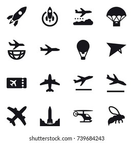 16 vector icon set : rocket, weather management, plane, air ballon, deltaplane, ticket, airplane, departure, arrival, wasp