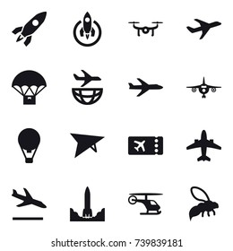 16 vector icon set : rocket, drone, plane, air ballon, deltaplane, ticket, airplane, arrival, wasp
