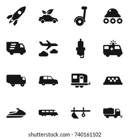 16 vector icon set : rocket, eco car, lunar rover, delivery, journey, spark plug, trailer, taxi, jet ski, plow, sweeper