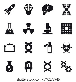 16 vector icon set : rocket, bulb brain, brain, dna, flask, nuclear, microscope, cpu, electrostatic
