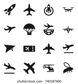 16 vector icon set : rocket, plane, drone, deltaplane, ticket, airplane, departure, arrival, wasp