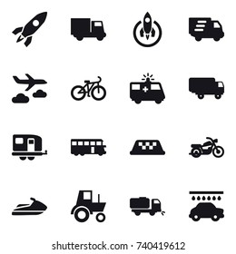 16 vector icon set : rocket, truck, delivery, journey, bike, trailer, bus, taxi, motorcycle, jet ski, tractor, sweeper, car wash