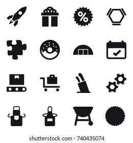 16 vector icon set : rocket, gift, percent, hex molecule, puzzle, donut, hangare, baggage trolley, stands for knives, apron