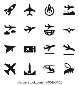 16 vector icon set : rocket, plane, weather management, journey, deltaplane, ticket, departure, arrival, wasp