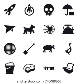 16 vector icon set : rocket, deltaplane, dog, kettle, shovel, sheep, goose, foam bucket, sponge with foam, drying clothe, floor washing