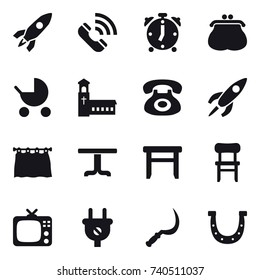 16 vector icon set : rocket, call, alarm clock, purse, baby stroller, church, curtain, table, stool, chair, tv, sickle, horseshoe