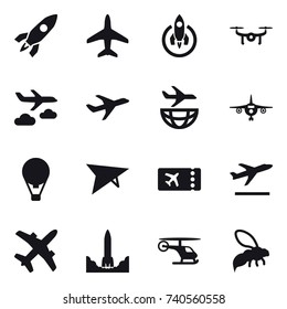 16 vector icon set : rocket, plane, drone, journey, air ballon, deltaplane, ticket, departure, wasp