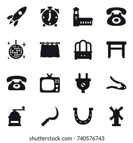 16 vector icon set : rocket, alarm clock, church, disco ball, curtain, dresser, stool, phone, tv, walnut crack, hand mill, sickle, horseshoe, windmill