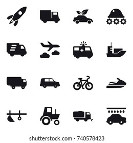 16 vector icon set : rocket, truck, eco car, lunar rover, delivery, journey, bike, jet ski, plow, tractor, sweeper, car wash