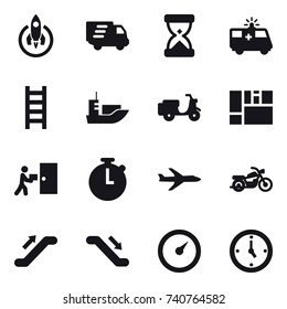 16 vector icon set : rocket, delivery, stairs, plane, motorcycle, escalator, barometer, watch