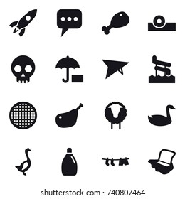 16 vector icon set : rocket, message, chicken leg, deltaplane, aquapark, sheep, goose, cleanser, drying clothe, floor washing