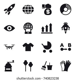 16 vector icon set : rocket, globe, money gift, circle diagram, eye, notebook globe, graph up, jet robot, drone, t-shirt, baby stroller, hand mill, trees, bucket and broom, gloves