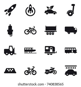 16 vector icon set : rocket, eco car, segway, spark plug, bike, train, trailer, bus, taxi, motorcycle, car wash