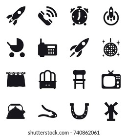 16 vector icon set : rocket, call, alarm clock, baby stroller, disco ball, curtain, dresser, chair, tv, kettle, walnut crack, horseshoe, windmill