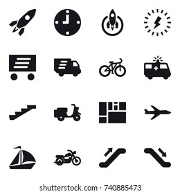 16 vector icon set : rocket, clock, lightning, delivery, bike, stairs, plane, sail boat, motorcycle, escalator
