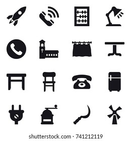 16 vector icon set : rocket, call, abacus, table lamp, phone, church, curtain, table, stool, chair, fridge, hand mill, sickle, windmill