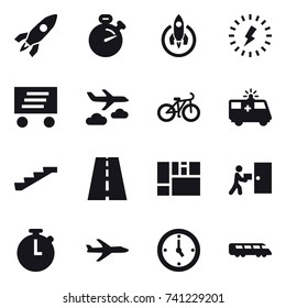 16 vector icon set : rocket, stopwatch, lightning, delivery, journey, bike, stairs, plane, watch