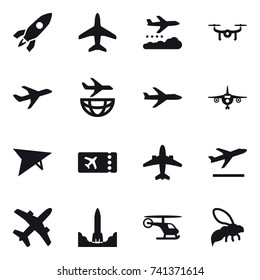 16 vector icon set : rocket, plane, weather management, drone, deltaplane, ticket, airplane, departure, wasp