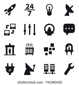 16 vector icon set : rocket, 24/7, bulb, satellite antenna, notebook connect, equalizer, detector, radiator, wrench
