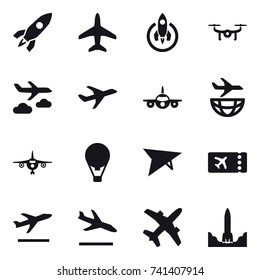 16 vector icon set : rocket, plane, drone, journey, air ballon, deltaplane, ticket, departure, arrival