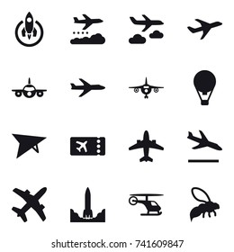 16 vector icon set : rocket, weather management, journey, plane, air ballon, deltaplane, ticket, airplane, arrival, wasp