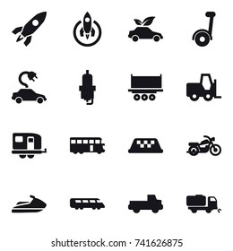 16 vector icon set : rocket, eco car, segway, electric car, spark plug, trailer, bus, taxi, motorcycle, jet ski, pickup, sweeper