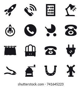 16 vector icon set : rocket, call, abacus, table lamp, phone, baby stroller, curtain, dresser, walnut crack, hand mill, horseshoe, windmill
