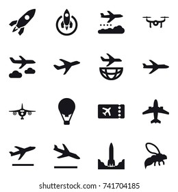 16 vector icon set : rocket, weather management, drone, journey, plane, air ballon, ticket, airplane, departure, arrival, wasp