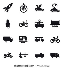 16 vector icon set : rocket, eco car, electric car, spark plug, bike, trailer, bus, motorcycle, plow, pickup, sweeper
