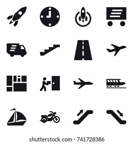 16 vector icon set : rocket, clock, delivery, stairs, plane, train, sail boat, motorcycle, escalator
