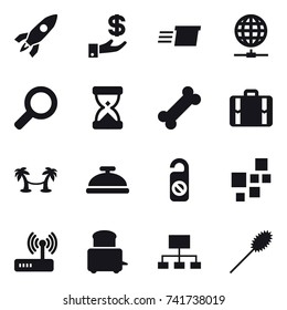 16 vector icon set : rocket, investment, delivery, globe connect, suitcase, palm hammock, service bell, do not distrub, hierarchy, duster