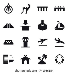 16 vector icon set : rocket, greate wall, bridge, pyramid, sail boat, taxi, airport tower, departure, arrival, hotel, bungalow, island, hawaiian wreath