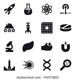16 vector icon set : rocket, round flask, atom, laser, lunar rover, dna modify, cpu, viruses